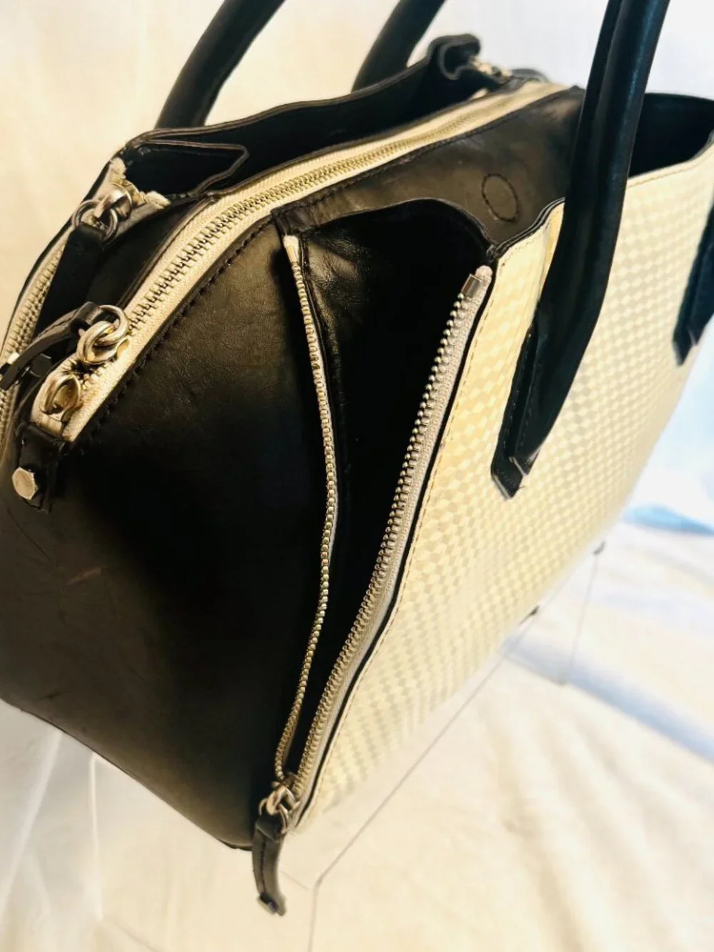 Rebecca Minkoff Perry Satchel Black Eggshell Outer Zipper pockets No strap READ